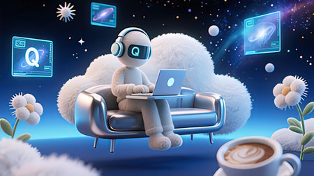 3D rendering of a cute white robot sitting on a sofa with a laptop