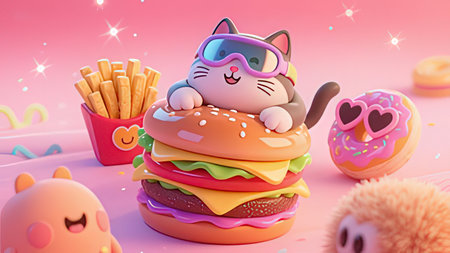 Cute cat with hamburger and donut. 3d rendering