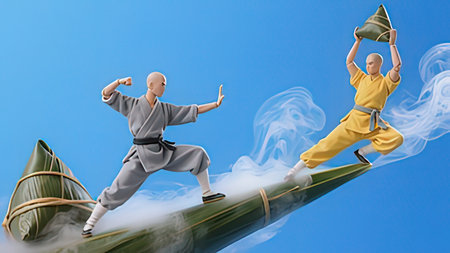 Kung fu master with rice dumplings. 3d illustrationの写真素材
