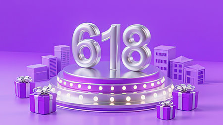 Purple background with numbers sixty eight and gift boxes, 3d render