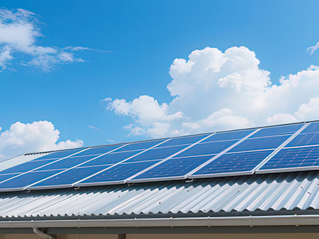 Solar panels installed on the roof of the house against the blue sky