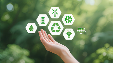Ecology concept with green energy icons and hand on blurred background.
