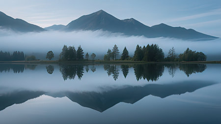Beautiful lake with reflection of mountains and clouds in the morning.の写真素材