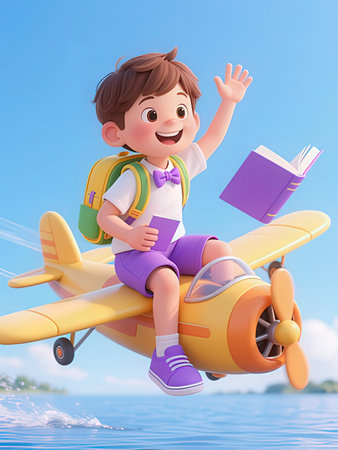 Cute little boy riding a toy airplane. 3D illustration.の写真素材