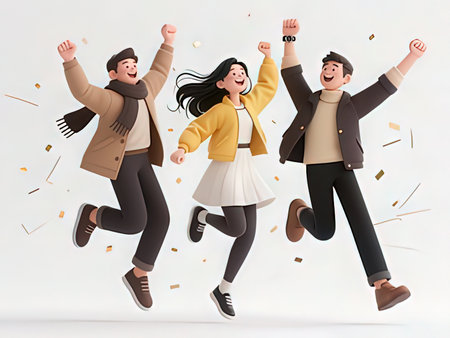 Happy young people jumping with confetti on white background, 3D rendering