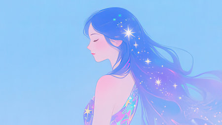 Illustration of a beautiful girl with long hair and stars in her hair