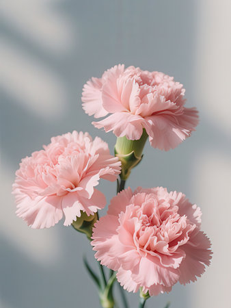 Three pink carnation flowers in a vase on a white background