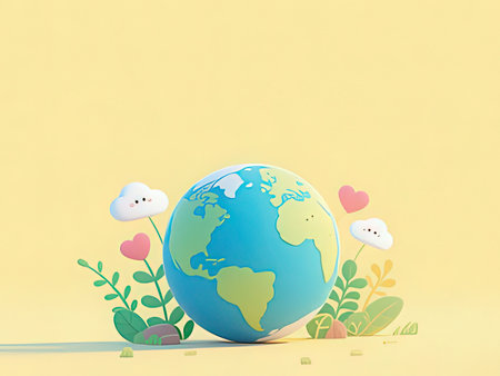 Planet earth with hearts and flowers on yellow background. 3d rendering