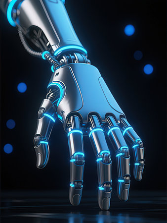 3d rendering robotic hand on black background with blue bokeh