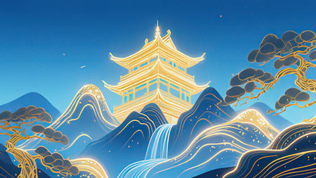 Golden pagoda in the mountains with blue sky and clouds. Vector illustration.