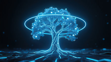 Neon tree on blue background. Technology concept. 3D Rendering