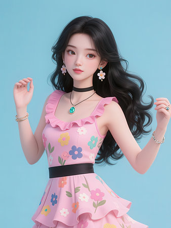 young beautiful asian woman in pink dress with flowers on blue background