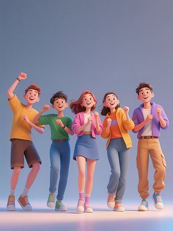 Group of happy young people in casual clothes dancing together. Colorful background.