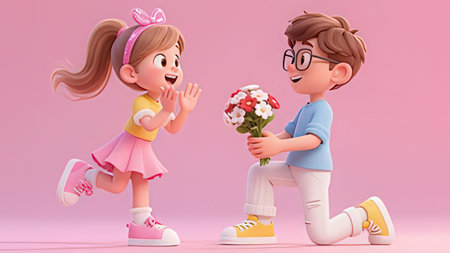 3D Illustration of a Little Boy Giving a Bouquet of Flowers to a Girlの写真素材