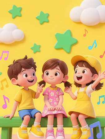 3d illustration of happy children playing musical notes in the park.