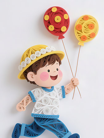Cute little boy playing with Chinese paper lanterns on white backgroundの写真素材