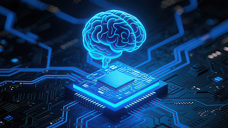 3D rendering circuit board with human brain and processor on blue background