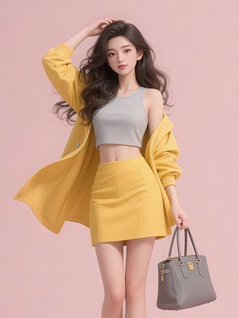 Beautiful asian woman in yellow jacket and skirt on pink backgroundの写真素材