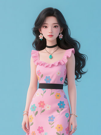 3D Illustration of a pretty woman wearing a summer dress.