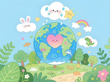Illustration of a Cute Cartoon Earth Planet with Bunny and Birdsの写真素材