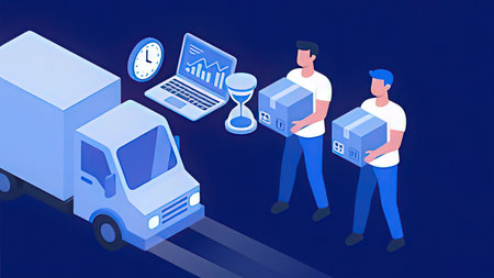 Isometric delivery concept. Delivery man with cardboard boxes on the background of the truck and the...