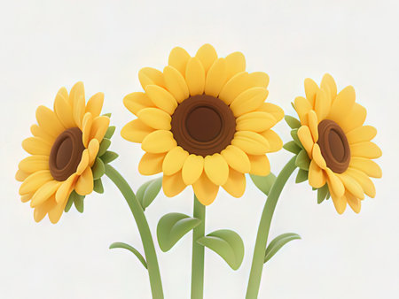Three sunflowers on a white background. 3D illustration.