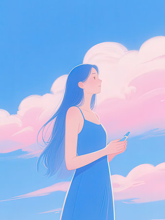 Girl in blue dress with a mobile phone in her hand. Vector illustration.