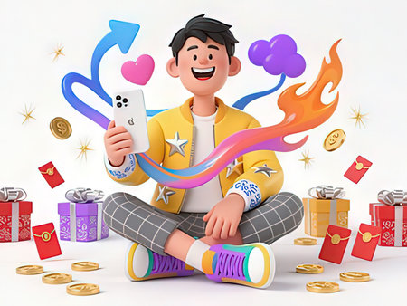 Happy young man with a mobile phone sitting on the floor surrounded by gifts