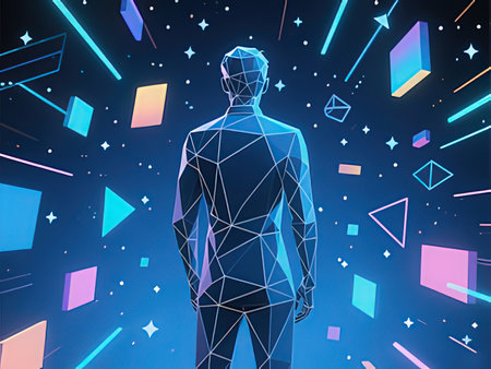 Polygonal man with abstract geometric background. 3D rendering.