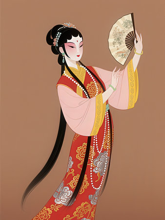 Illustration of a beautiful asian woman in traditional costume with fanの写真素材