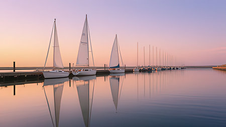 Yachts and boats moored to a pier at sunset.