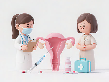 Female gynecologist doctor and patient with uterus and medical tools. Vector illustration.のeditorial素材
