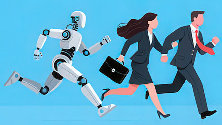 Robot and businesswoman running. Vector illustration in cartoon style.