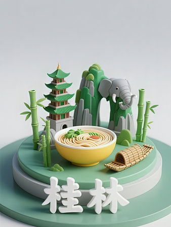 Noodle soup with elephant and pagoda in the background, 3D rendering