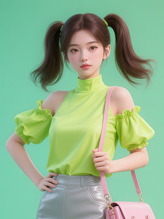 beautiful young asian woman with fashion clothes on green background.