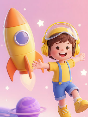 3d render of boy with rocket and astronaut helmet on pink backgroundの写真素材