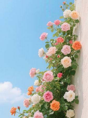 Colorful roses in the garden with blue sky and white wall.