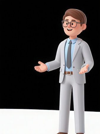 3d illustration of young businessman pointing on black background with copy space