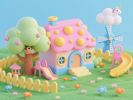 3d render of a children's playground with a tree and a house