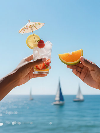 Close up of two hands holding cocktail glasses with ice cubes and fruits on the sea background