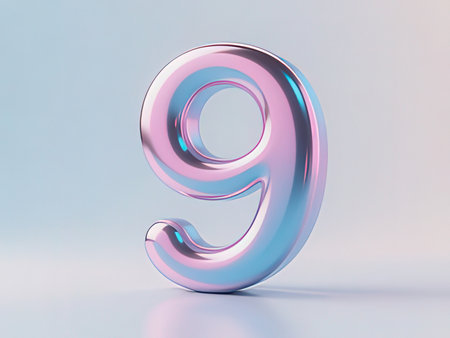 Pink metallic number 9 on white background. 3d rendered font.