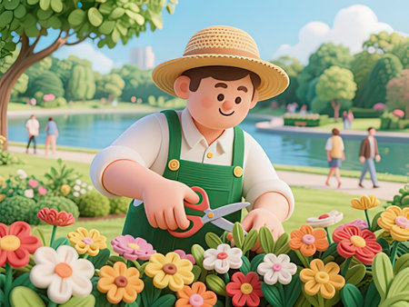 Farmer with scissors cutting flowers in the garden. 3d rendering