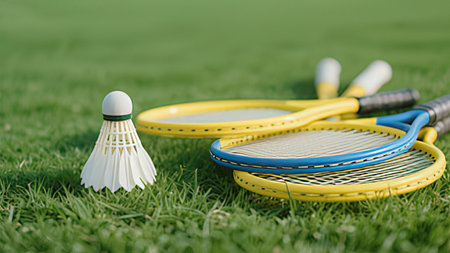Badminton rackets and shuttlecock on green grass, closeup