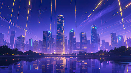Night cityscape with light trails and reflection in the lake, illustration