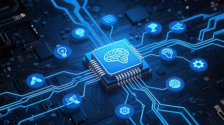 Close-up view of electronic circuit board with brain icon 3D rendering