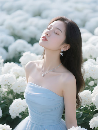 Beautiful asian woman in the garden with white flower background.のeditorial素材