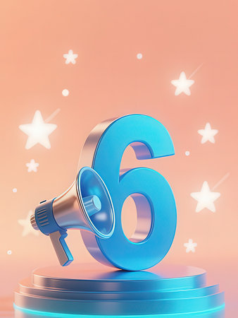 Megaphone with 6 number on podium. 3D illustration.