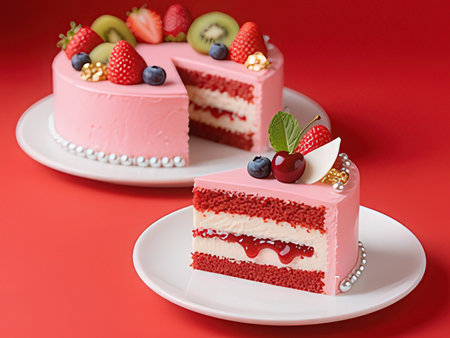 Strawberry and blueberry cake on a red background. Close up.