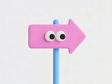 3d rendering of pink arrow with eyes and mouth on white background
