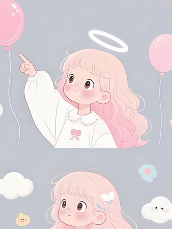 Seamless pattern with cute girl and clouds. Vector illustration.の写真素材